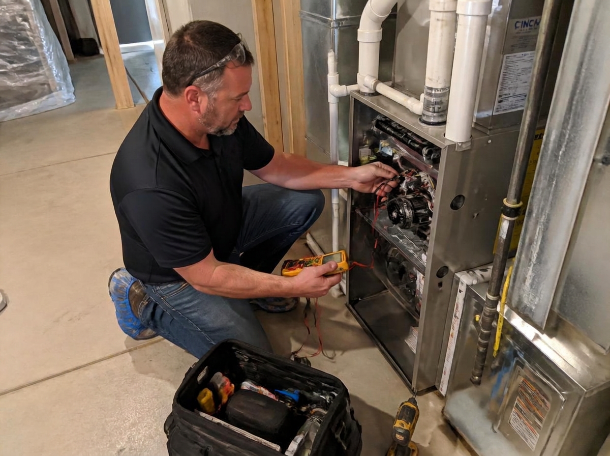 Tyrel Kunz, owner of K&D Mechanical, working on an HVAC system in Herriman, Utah