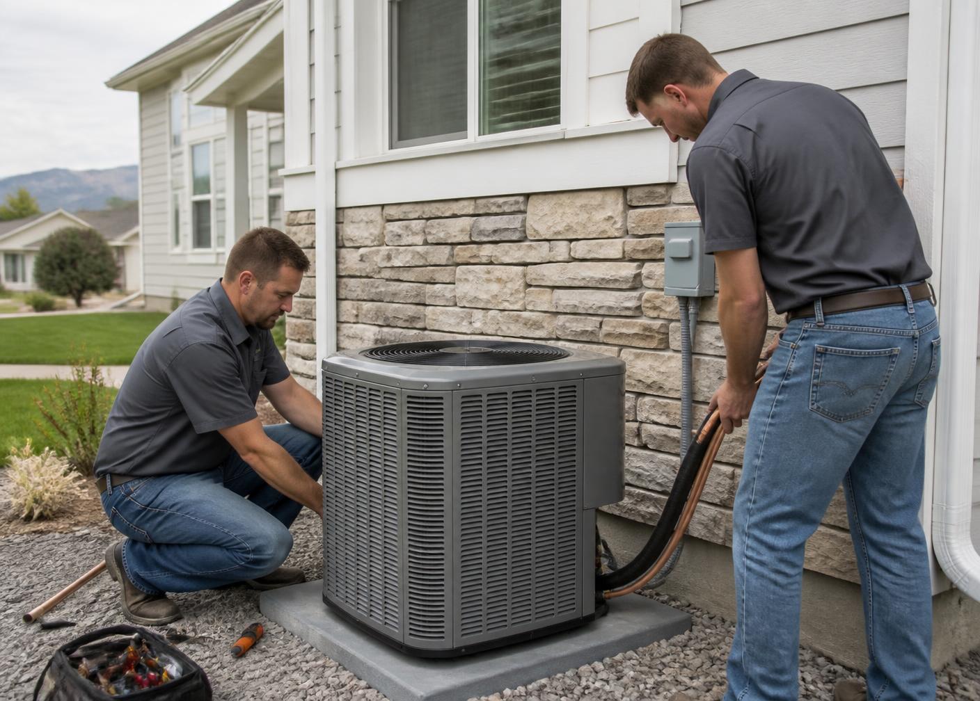 K&D Mechanical technician diagnosing a heating and cooling system in Utah
