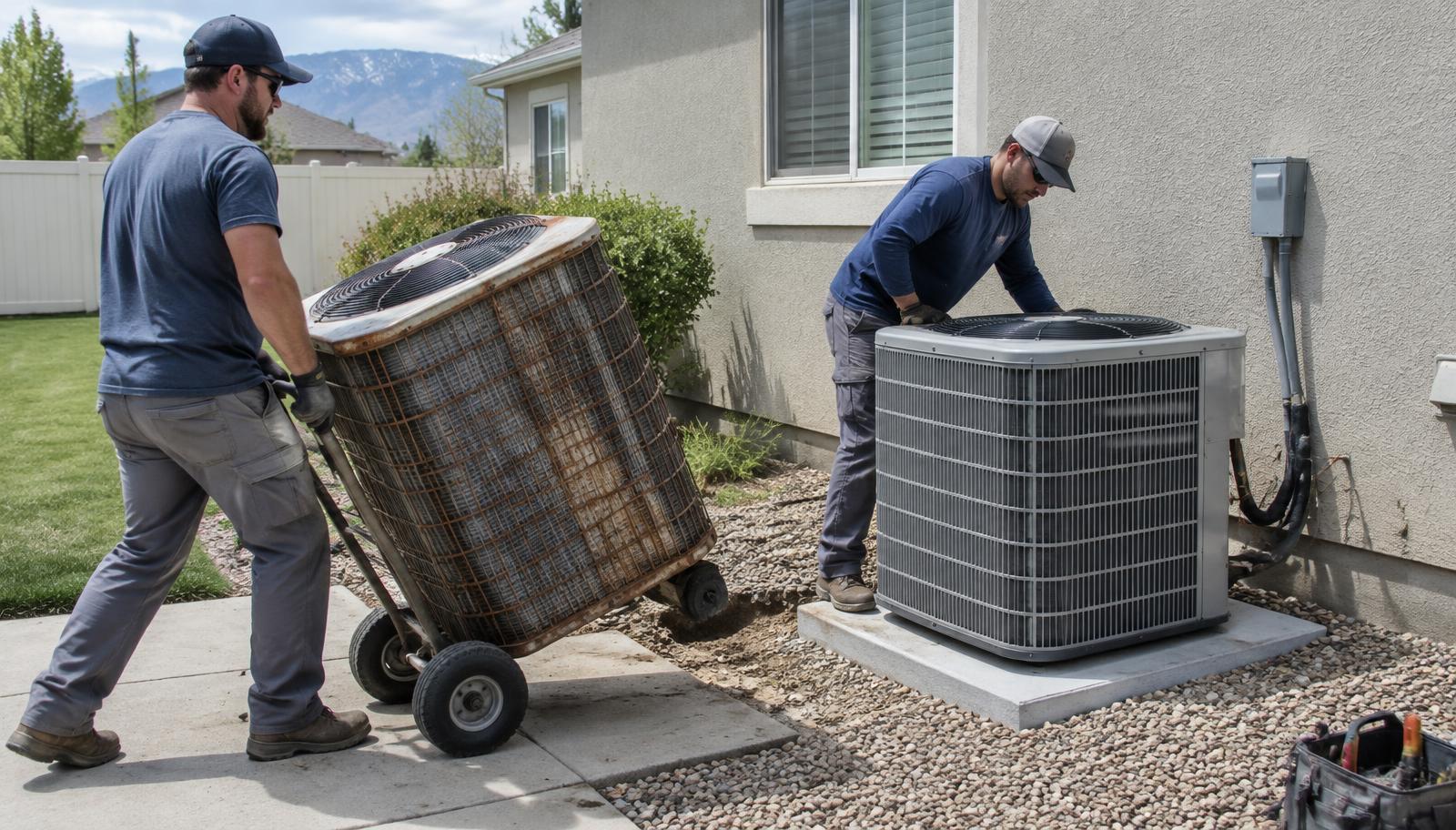 Installers removing an old air conditioner and setting a new unit on a fresh pad at a Herriman, Utah home