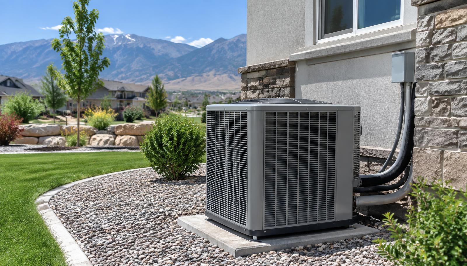 New central air conditioner installed outside a Herriman, Utah home
