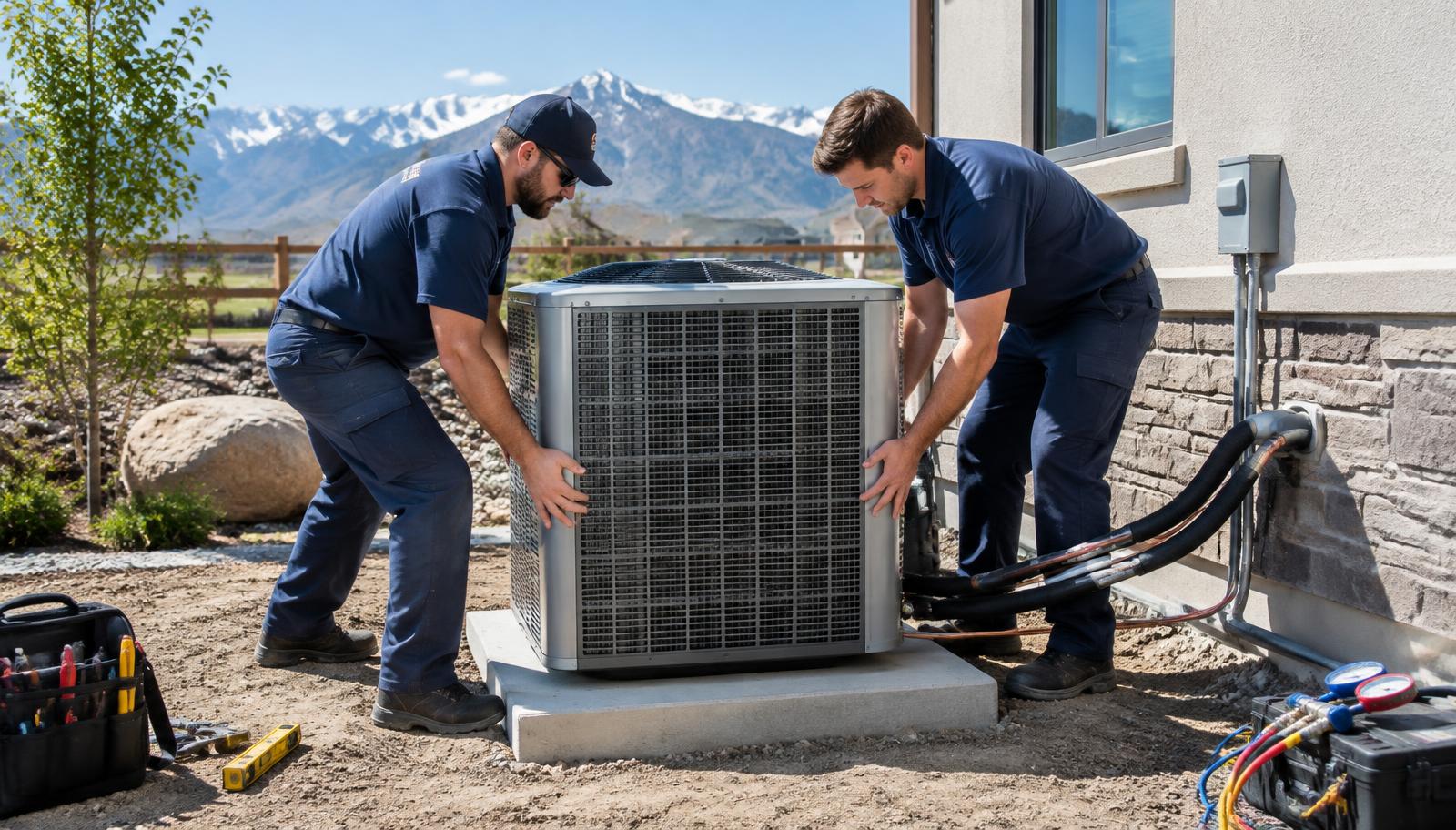 Two K&D Mechanical installers setting a new energy-efficient AC unit on a fresh pad at a Lehi, Utah home