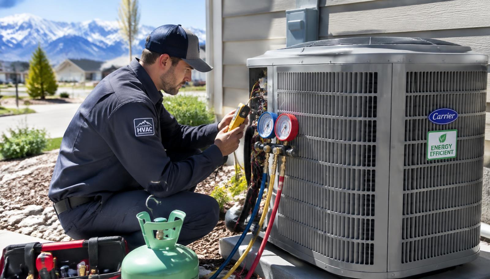 Technician checking refrigerant pressures on a new energy-efficient AC unit at a Lehi, Utah home
