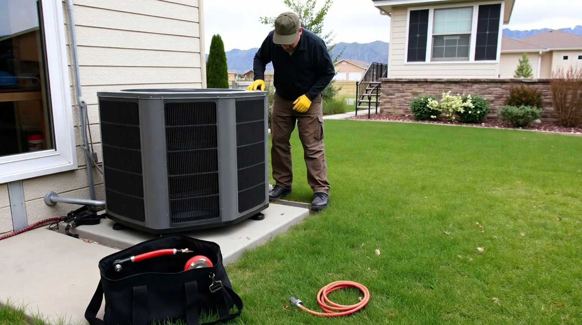 High-efficiency outdoor air conditioning unit beside a modern home