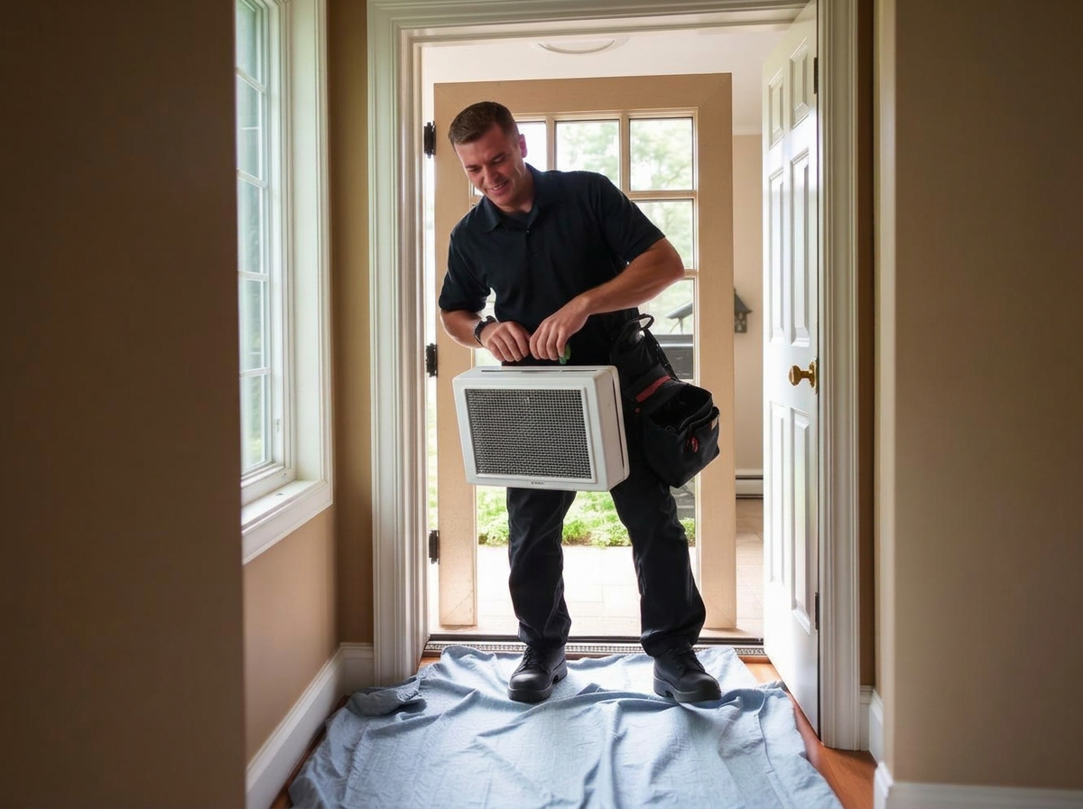 K&D Mechanical technician servicing an HVAC system at a Herriman, Utah home