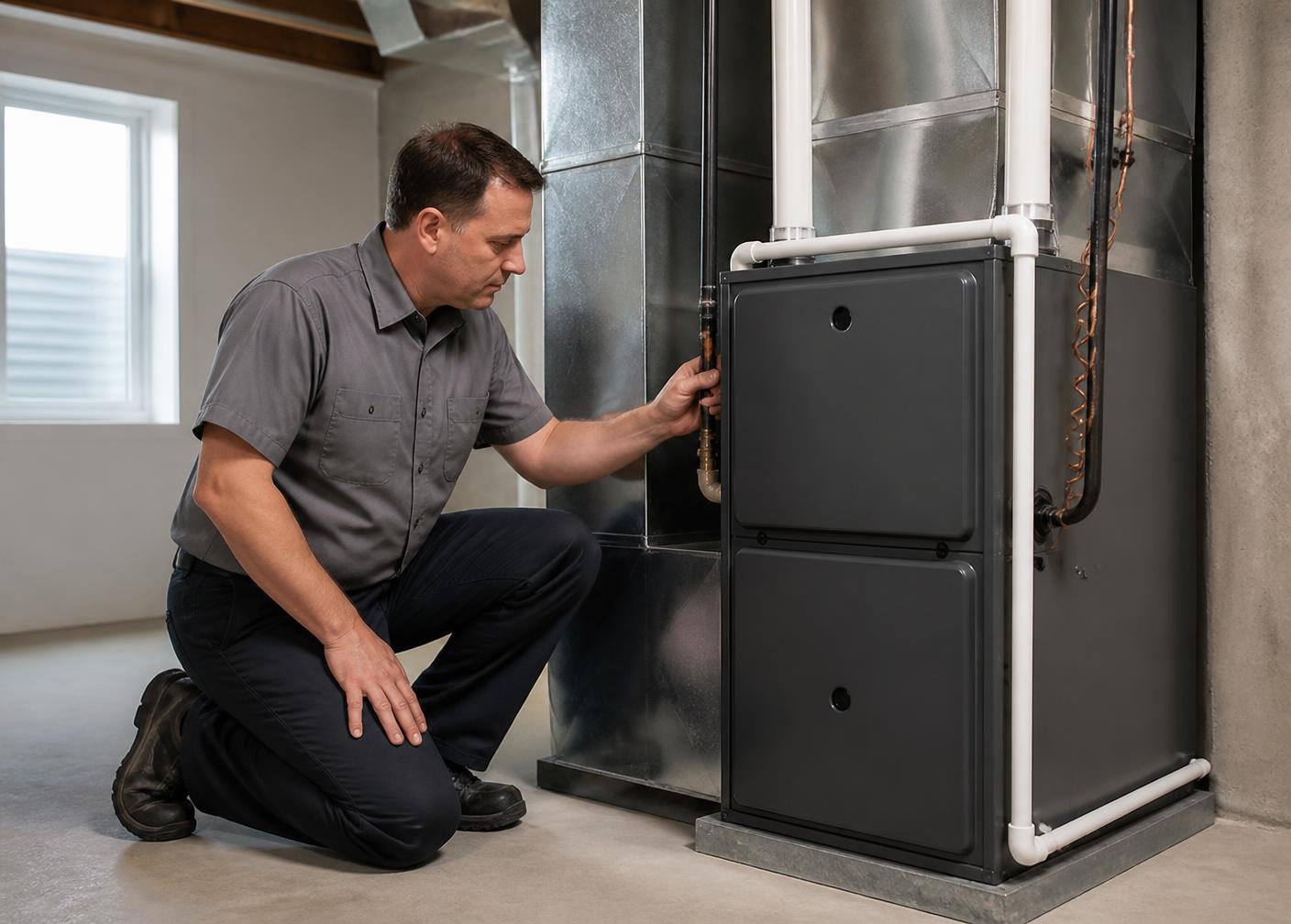 K&D Mechanical HVAC technician beside a newly installed furnace in Herriman, Utah