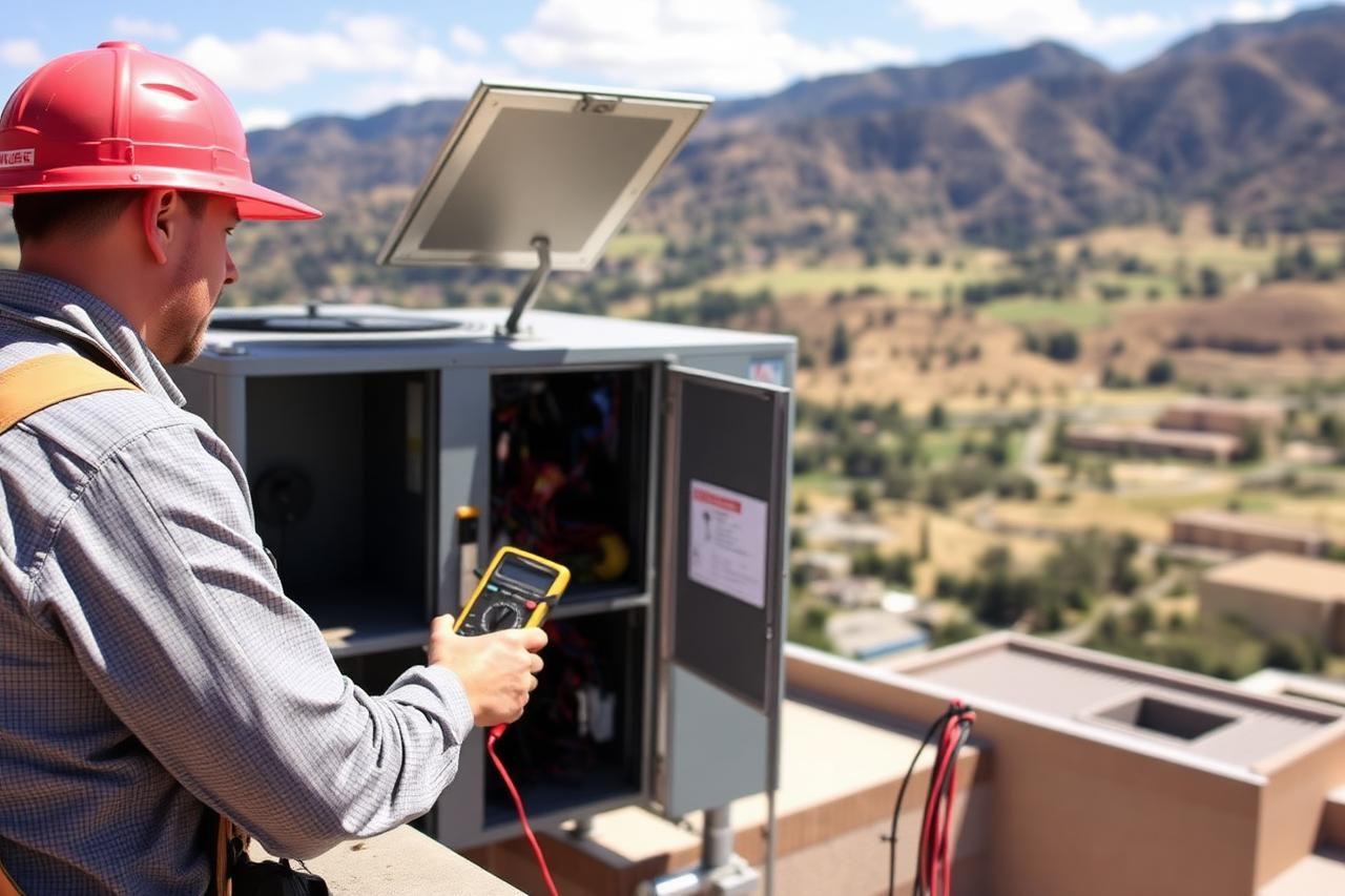 Technician diagnosing a rooftop HVAC package unit in Draper, UT