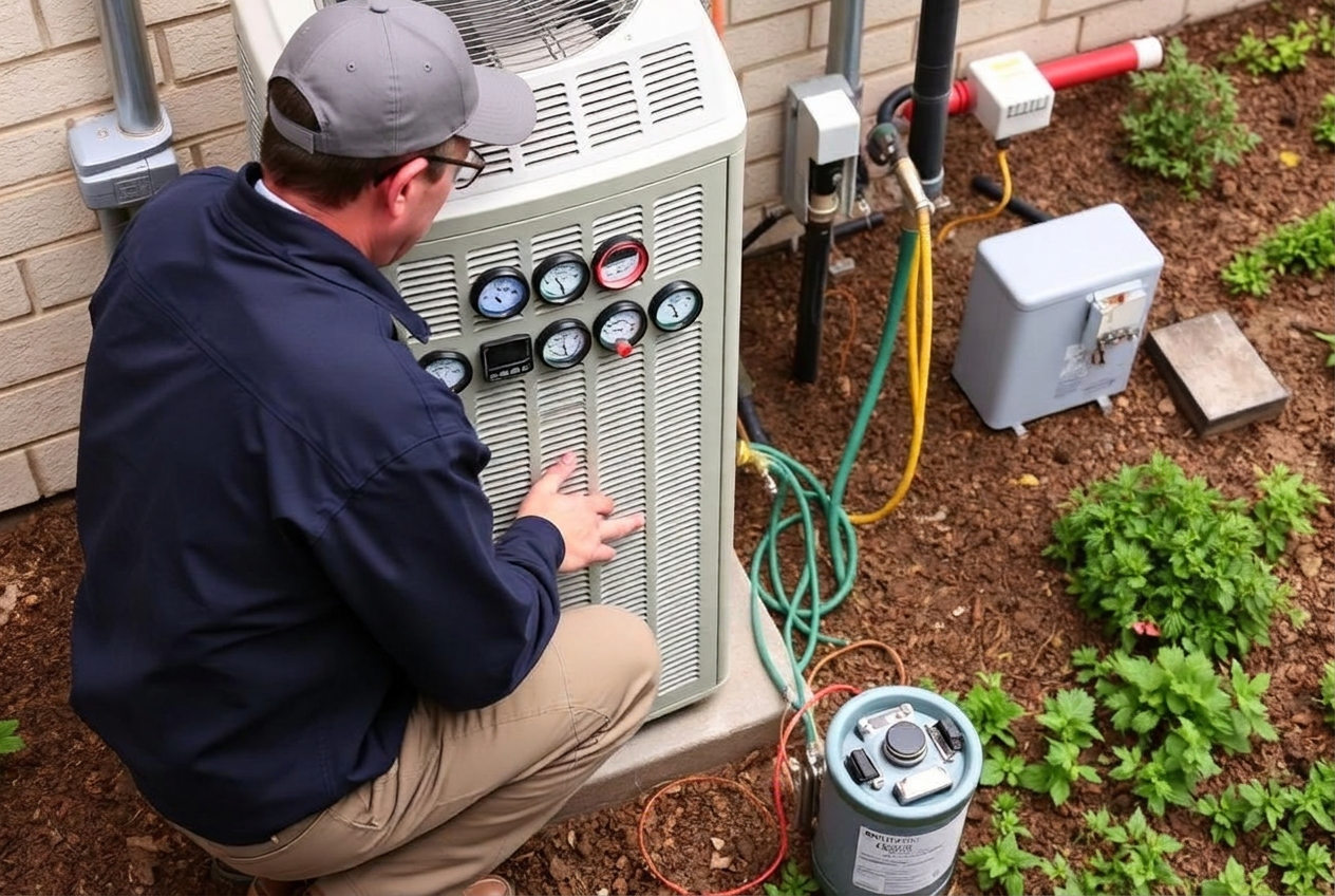 HVAC technician testing refrigerant pressures on an air conditioner in West Jordan, UT