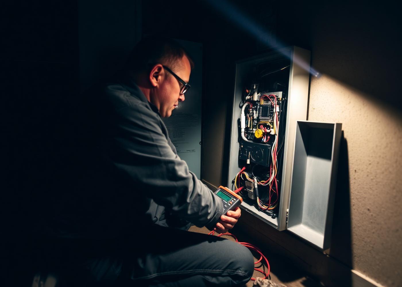 K&D Mechanical technician testing an HVAC control board in Herriman, Utah